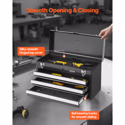 VEVOR Metal Tool Box  20.5-inch  Portable Metal Tool Box with 3 Drawers  Small Tool Chest with EVA Liners  Ball Bearing Slide Drawers Locking & Powder