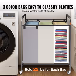 VEVOR 3Section Laundry Basket  Heavy Duty Laundry Hamper Storage Organizer  Laundry Sorter Cart with Heavy Duty Lockable Wheels for Dirty Clothes in L