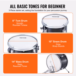 VEVOR Drum Set for Kids  Beginner Junior Drum Kit with Adjustable Throne  Sticks  Cymbal  Pedal  Tom Snare Bass  Starter Drumset for Children (Black