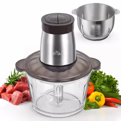 2L+1.8L 600W Electric Food Processors & Chopper with Glass Container and 304 Stainless Steel Container, 2 Speed Settings, 4 S ...