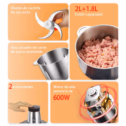 2L+1.8L 600W Electric Food Processors & Chopper with Glass Container and 304 Stainless Steel Container, 2 Speed Settings, 4 Stainless Steel Blades for