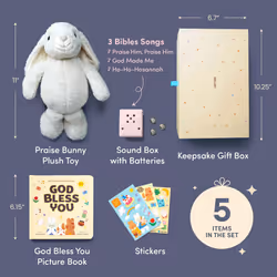 Praise Bunny Gift Set - 11-inch Plush Toy with 3 Bible Songs - Includes Hardcover Book  Stickers  Keepsake Box | Premium Christmas Gift for Christian