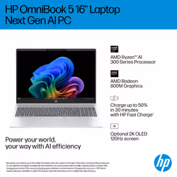 HP OmniBook 5 NGAI OmniBook 5 16-ag1001sa AMD Ryzen AI 5 340 16GB RAM 512GB SSD 16" Windows 11 Home Copilot+ Laptop - Additional view 4
