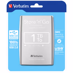 Verbatim Store 'n' Go USB 3.0 Portable Hard Drive 1TB Silver, 1 TB, 2.5", 3.2 Gen 1 (3.1 Gen 1), Silver