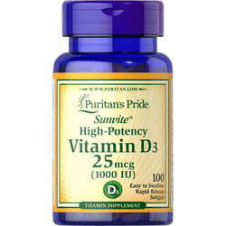PURITAN'S PRIDE Sunvite Vitamin D, D3 1000iu, 100 Softgel Capsules