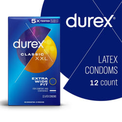 Durex XXL Extra Long Extra Wide Large Natural Rubber Latex Condoms for Men, FSA & HSA Eligible, 12 Ct