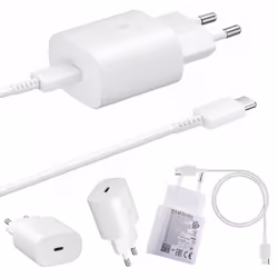 Official Samsung 2 Pin 2 Amp 25 Watt Super Fast Mains Charger USB-C Data Cable In White - Adapter & Cable