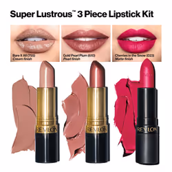 Revlon Super Lustrous 3-Piece Lipstick Gift Set  High Impact  Multi-Finish in Cream  Pearl & Matte  755 Bare It All (Cream)  610 Gold Pearl Plum (Pear