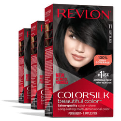 Permanent Hair Color by Revlon  Permanent Hair Dye  Colorsilk with 100% Gray Coverage  Ammonia-Free  Keratin and Amino Acids  011 Soft Black  (Pack of