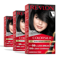 Revlon ColorSilk with Bond Repair Complex Permanent Hair Color 100 Gray Coverage Ammonia Free Hair Dye Vegan Keratin 11 Soft Black Pack of 3
