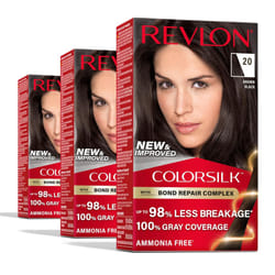 Revlon ColorSilk with Bond Repair Complex Permanent Hair Color 100 Gray Coverage Ammonia Free Hair Dye Vegan Keratin 20 Brown Black Pack of 3
