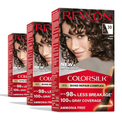 Revlon ColorSilk with Bond Repair Complex Permanent Hair Color 100 Gray Coverage Ammonia Free Hair Dye Vegan Keratin 30 Dark Brown Pack of 3