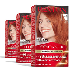 Revlon ColorSilk with Bond Repair Complex Permanent Hair Color 100 Gray Coverage Ammonia Free Hair Dye Vegan Keratin 45 Bright Auburn Pack of 3