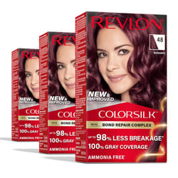 Revlon ColorSilk with Bond Repair Complex Permanent Hair Color 100 Gray Coverage Ammonia Free Hair Dye Vegan Keratin 48 Burgundy Pack of 3