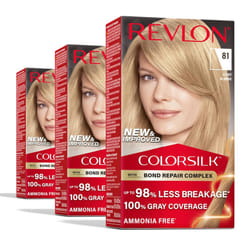 Revlon ColorSilk with Bond Repair Complex Permanent Hair Color 100 Gray Coverage Ammonia Free Hair Dye Vegan Keratin 81 Light Blonde Pack of 3