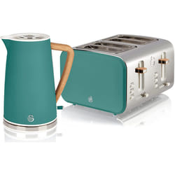 Swan Nordic Cotton White Kitchen Set with 1.7 Litre Kettle and 4 Slice Toaster, Wood Effect and Soft Touch Matte Fin - Green, Kettle & 4 Slice Toaster