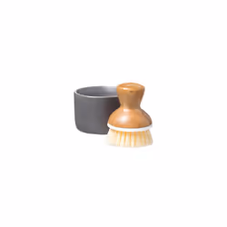 Ceramic Bamboo Handle Replaceable Kitchen Dish Scrubber with Soap Holder, Plastic, Gray, Brush + Dispenser