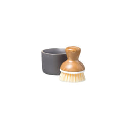 Ceramic Bamboo Handle Replaceable Kitchen Dish Scrubber with Soap Holder, Plastic, Gray, Brush + Dispenser