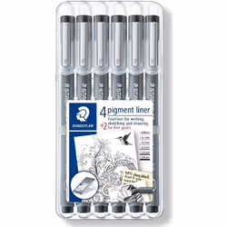 Staedtler 308 SB6P Pigment Liner Fineliner Technical Drawing Pens Assorted Line Width - Set of 6