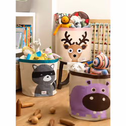 Large Cotton Canvas Toy Storage Basket - Durable Baby Laundry Organizer with Handles, Kids Foldable Toy Basket for Playroom & Nursery Decor, Raccoon
