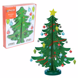 Premier 25cm Wooden Christmas Tree with Ornaments - Green
