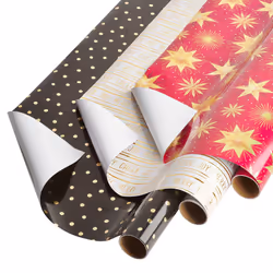 Papyrus Christmas Wrapping Paper Rolls Black + Gold Dots Joy Stars 3 Rolls 67.5 sq. ft.
