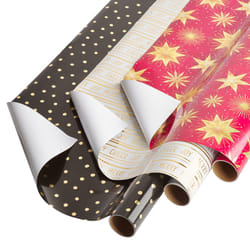 Papyrus Christmas Wrapping Paper Rolls  Black + Gold Dots  Joy  Stars 3 Rolls  67.5 sq. ft.