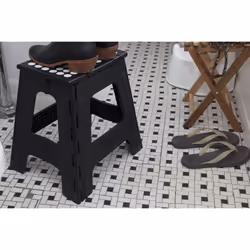 Kikkerland Foldable Sturdy Non- Slip Compact Lightweight Plastic Rhino Tall Folding Step Stool  Holds up to 300 lbs  for Kitchen  Bathroom  Black