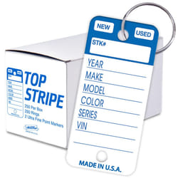 Versa-Tags Top Stripe Key Tags  250 Car Key Tags Write On Heavy Duty Plastic Key Tags  and White Tear Proof Vinyl Poly Key Tags Blue  2 Markers and 25