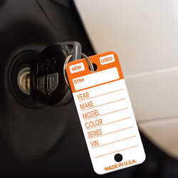 Versa-Tags Top Stripe Key Tags  250 Car Key Tags Write On Heavy Duty Plastic Key Tags  and White Tear Proof Vinyl Poly Key Tags (Orange)  2 Markers an