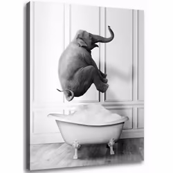 Gongyuanyihao Arts Elephant Jump in Bathtub Wall art Funny Animal Canvas Print Picture for Bathroom Bedroom Modern Wrapped ...