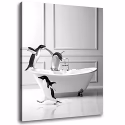 Funny Bathroom Wall Art Decor Modern Wrapped Canvas Prints Black and White Canvas Wall Art Pictures Cute Penguin Bathing W ...