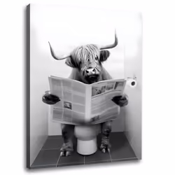 Bathroom Decor Wall Art Humor Animals Bathroom Artwork Highland Cow Reading Newspaper Canvas Print Wall Art Black and Whit ...