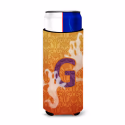 Caroline's Treasures CJ1040-GMUK Halloween Ghost Letter Ultra Hugger for slim cans Can Cooler Sleeve Hugger Machine Washable  ...