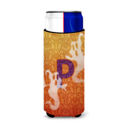 Caroline's Treasures CJ1040-PMUK Halloween Ghost Letter Ultra Hugger for slim cans Can Cooler Sleeve Hugger Machine Washable Drink Sleeve Hugger Colla