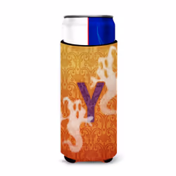 Caroline's Treasures CJ1040-YMUK Halloween Ghost Letter Ultra Hugger for slim cans Can Cooler Sleeve Hugger Machine Washable  ...
