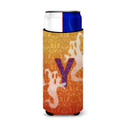 Caroline's Treasures CJ1040-YMUK Halloween Ghost Letter Ultra Hugger for slim cans Can Cooler Sleeve Hugger Machine Washable Drink Sleeve Hugger Colla