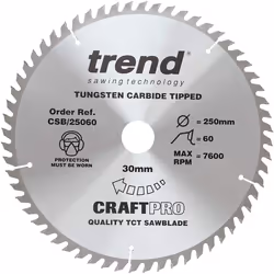 Trend CSB/25060 Craft Pro Trimming Crosscut TCT Blade for Table and Circular Saws, 250mm x 60 Teeth x 30mm Bore, Tungsten Car ...