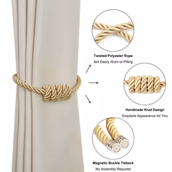 BEL AVENIR Magnetic Curtain Tiebacks  Decorative Drapery Holdbacks Modern Woven Tie-Backs with Exquisite Knot (Gold  2 Pack)