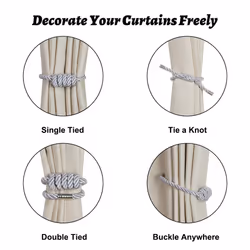 BEL AVENIR Magnetic Curtain Tiebacks  Decorative Drapery Holdbacks Modern Woven Tie-Backs with Exquisite Knot (Sliver  4 Pack)