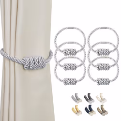 BEL AVENIR Magnetic Curtain Tiebacks Decorative Drapery Holdbacks Modern Woven Tie-Backs with Exquisite Knot (Sliver 6 Pack ...