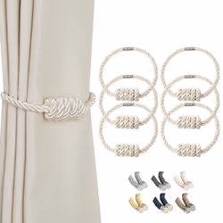 BEL AVENIR Magnetic Curtain Tiebacks Decorative Drapery Holdbacks Modern Woven Tie-Backs with Exquisite Knot (Beige 6 Pack)