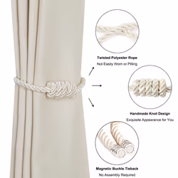 BEL AVENIR Magnetic Curtain Tiebacks  Decorative Drapery Holdbacks Modern Woven Tie-Backs with Exquisite Knot (Beige  6 Pack)