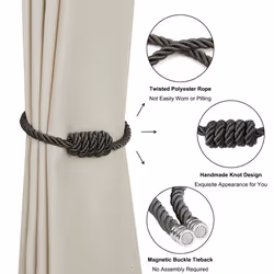 BEL AVENIR Magnetic Curtain Tiebacks  Decorative Drapery Holdbacks Modern Woven Tie-Backs with Exquisite Knot (Charcoal  6 Pack)