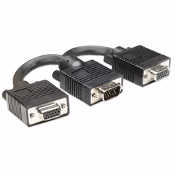 Manhattan SVGA Y Cable (Clearance Pricing), HD15, 15cm, Male to Females, Splits an SVGA connection between two monitors, Compatible with VGA, Fully Shielded, Black, Lifetime Warranty, Polybag
