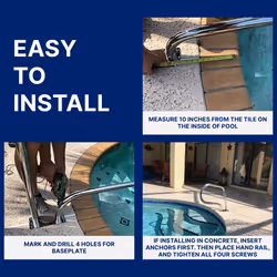 FibroPool Stainless Steel Pool Handrail with Easy Mount Base Plate for In Ground Pools  Outdoor Railing for Decks  Rust-Proof Grab Accessories for Swi