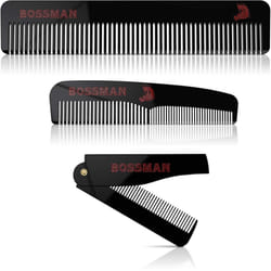 Bossman Acetate Beard  Hair & Mustache Combs for Men - Men's Beard  Mustach and Hair Combs with Small Folding Pocket Comb (Set of 3)