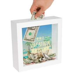 Americanflat 6x6 Money Saving Box with Slot - Vacation Travel Fund Decorative Shadow Box Frame in White with Polished Glass for Wall and Tabletop