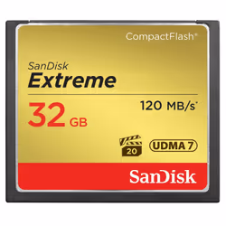 SanDisk 32GB Extreme, CF, 32 GB, CompactFlash, 120 MB/s, 85 MB/s, Black, Gold