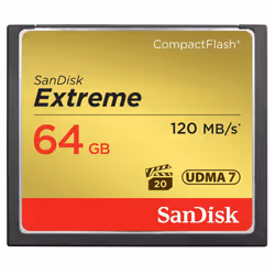 SanDisk 64GB Extreme, CF, 64 GB, CompactFlash, 120 MB/s, 85 MB/s, Black, Gold